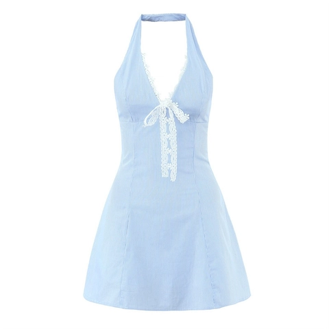 Vestito Mini da Donna Sexy con Scollo all'Americana a V Profondo con Bordi in Pizzo a Strisce Senza Maniche con Fiocco a Linea A