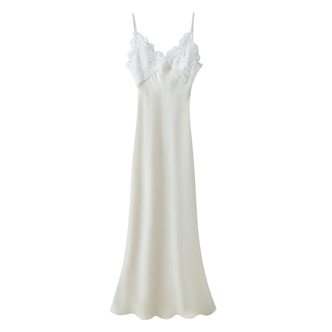 Elegante Vestito Lungo da Donna Sexy in Raso con Patchwork in Pizzo Scollo a V Senza Maniche Schiena Scoperta Abito Sottoveste Festa