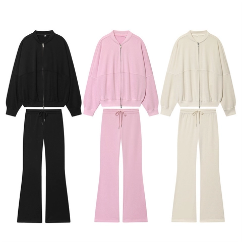 Dames Casual Katoenmix Gebreide Jas En Uitlopende Broek Effen Kleur Volledige Rits Athleisure Loungewear Pak Top Broek