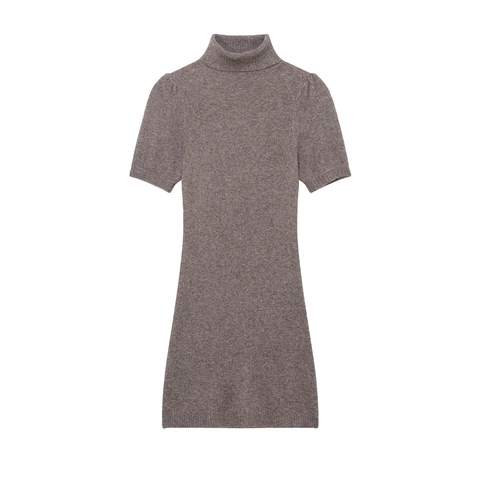 Women's Elegant High Neck Short Sleeve Knitted Mini Dress Slim Fit Solid Color Ribbed Bodycon Sexy Short Party Dress