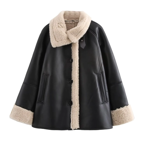 Giacca da Donna in Ecopelle e Simil Montone Con Collo in Pelliccia Sintetica Cappotto Caldo Patchwork Casual Manica Lunga Invernale