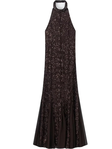Donna Elegante Marrone Scuro Scollo all'Americana Paillettes Vestito Maxi Senza Schienale Orlo a Sirena Mesh Patchwork Abito da Sera