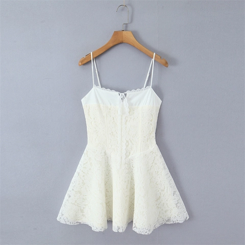 Abito da Donna Sexy in Pizzo Floreale Mini a Spalline Vestibilità Slim Ricamo Fiocco Anteriore Linea A Estate Senza Maniche Bianco
