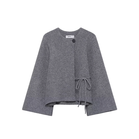 Women Casual Knitted Cardigan Sweater Solid Gray Round Neck Drawstring Waist Bell Sleeve Loose Fit Streetwear Knitwear Jacket