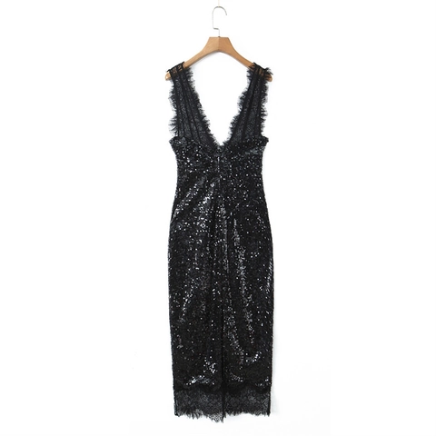 Elegante Abito Maxi in Paillettes Nere Scollo a V Con Finitura in Pizzo Ciglia Senza Maniche Aderente per Festa Donna Gioielli