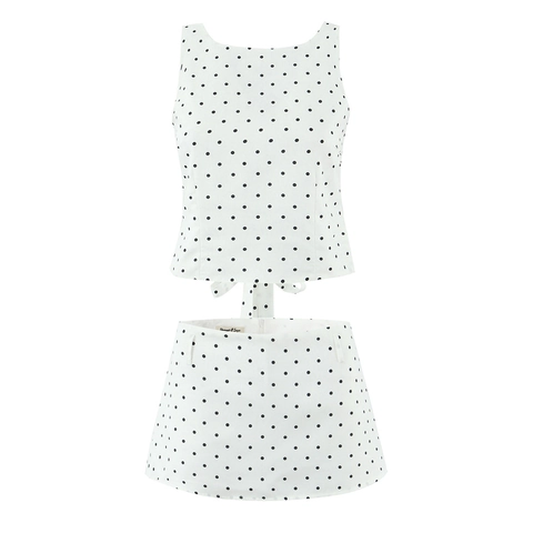 Dames Casual Polka Dot Mouwloos Crop Top Met Strik Achterkant En Minirok Zomer Streetwear Wit Zwart