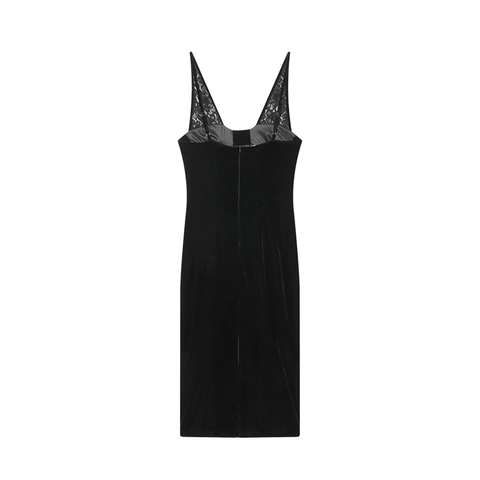 Abito Maxi da Donna in Velluto Nero Elegante Patchwork di Pizzo Spalline Sottili Scollo a V Schiena Scoperta Aderente Festa Sera Abito Lungo
