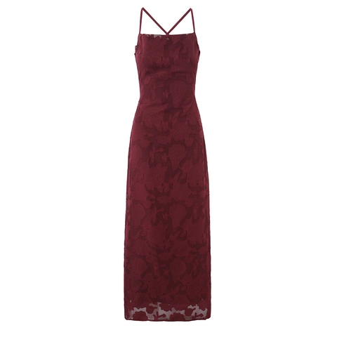 Vestito Maxi da Donna Sexy Bordeaux Schiena Scoperta Stringato Floreale Devoré Spalline Sottili Vestibilità Aderente Abito da Sera Elegante Senza Maniche