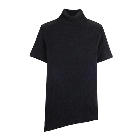 T-Shirt Casual da Donna con Orlo Asimmetrico Collo Alto Manica Corta Maglia Tinta Unita Slim Fit Fashion Top Daily Wear
