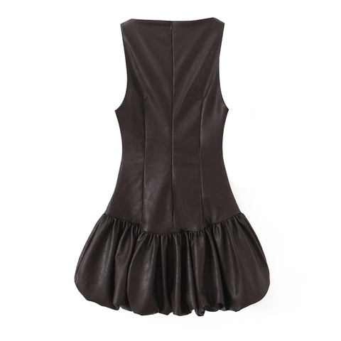 Vestido de Punto Sin Mangas Sexy Marrón Oscuro para Mujer Slim Fit Plisado Dobladillo de Burbuja Midi Vestido Hot Girl Style Fashion Party Clubwear
