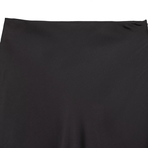 Women Elegant Black Satin Midi Skirt Irregular Eyelash Lace Patchwork Hem Straight Blended Skirt For Office Party Commute