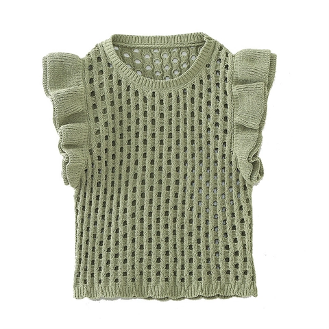 Women's Sexy Hollow Out Knit Tank Top Ruffle Sleeve Round Neck Pointelle Sleeveless Vest Shirt Summer Casual Top