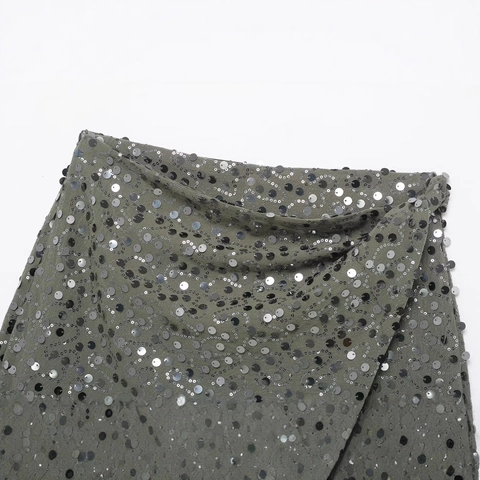 Mini-jupe à Paillettes pour Femmes Style Occidental Taille Haute Ligne A Motif de Vagues Jupe en Paillettes d'argent pour Fête