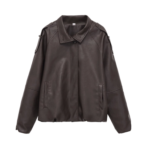 Damen Mode Kunstleder Jacke Locker Casual Umlegekragen Schulterklappen PU Mantel Streetwear Oberbekleidung Chic Braun Kleidung