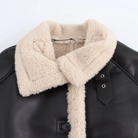 Giacca da Donna in Ecopelle e Simil Montone Con Collo in Pelliccia Sintetica Cappotto Caldo Patchwork Casual Manica Lunga Invernale