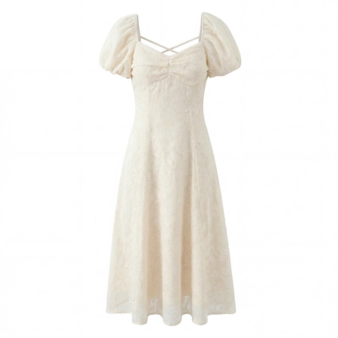 Abito in Pizzo Crema Vintage Francese Donna Scollo Quadrato Maniche a Sbuffo Schiena Scoperta Abito Midi a Trapezio Estivo