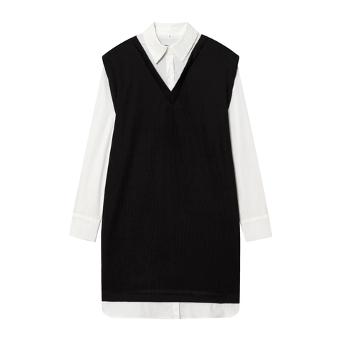 Damen Casual Fake Two Piece Langarm Hemdkleid Kontrast Rippstrick Westen Optik Preppy Stil Mini Gerade Kleid