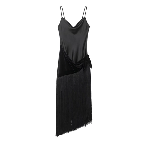 Abito da Donna Nero in Raso e Velluto Patchwork con Frange Scollo a Cappuccio Vestibilità Aderente per Feste