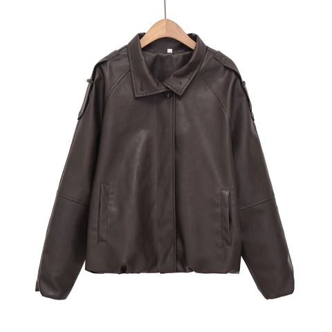 Damen Mode Kunstleder Jacke Locker Casual Umlegekragen Schulterklappen PU Mantel Streetwear Oberbekleidung Chic Braun Kleidung