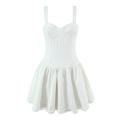 Abito Corto da Donna Dolce Francese con Fiori e Spalline Bordo in Pizzo Fiocco Gonna a Ruota Balletcore Estivo Bianco
