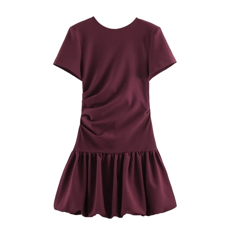Women Fashion Wine Red Round Neck Short Sleeve Ruched Mini Dress With Bubble Hem Casual Slim Fit Polyester Elegant Dress