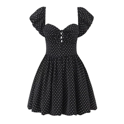 Dames Retro Polka Dot Mini-Jurk Hartvormige Halslijn Pofmouwen Trekkoord A-lijn Slim Fit Polyester Spandex Zomer Street Casual Jurk