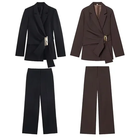 Women Professional Blazer And Trousers Suit Elegant Metallic Buckle Wrap Design Office Wear Long Sleeve Fashion Apparel