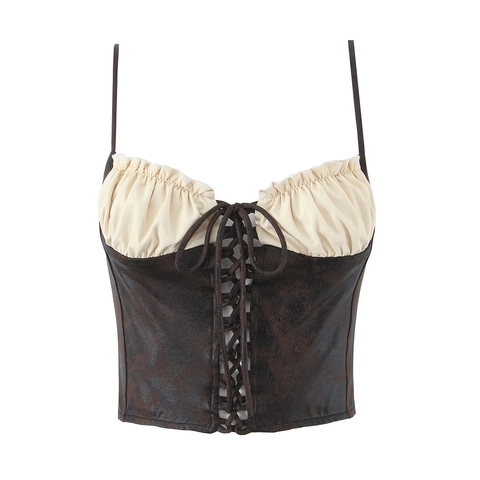 Women Vintage Gothic Lace Up Corset Top Distressed Polyester Spliced Ruffle Camisole Spaghetti Strap Slim Fit Crop Top