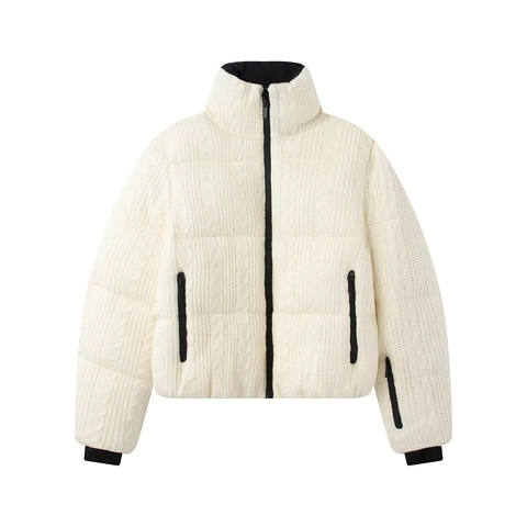 Giacca Piumino da Donna a Treccia con Collo Alto Cappotto in Cotone Spesso Cerniera a Contrasto Caldo Capispalla Invernale Streetwear