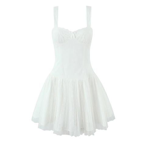 Abito da Donna Bianco in Maglia Mini Stile Vintage Francese a Sottoveste Plissettato Pois Pizzo Fiocco Spalline Regolabili Senza Maniche per Festa