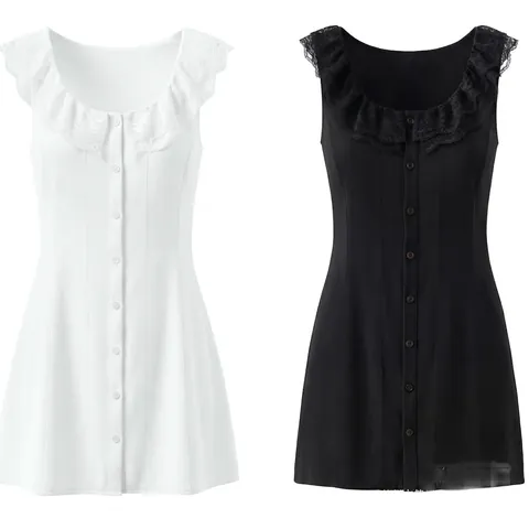 Vestido Mini Sin Mangas Casual para Mujer Con Volantes y Encaje Botones Color Sólido Verano Moda Streetwear Vestido Corto