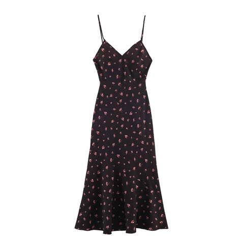 Abito Midi da Donna Sexy con Stampa Floreale Scollo a V Spalline Sottili Elegante Nero Rosa Motivo a Rose Estivo Spiaggia A-Line Slip Dress