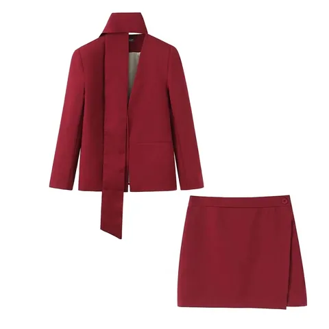 Conjunto Elegante De Blazer Y Falda Rojo Ladrillo Para Mujer Manga Larga Color Sólido Traje De Dos Piezas Con Diseño De Lazo Oficina