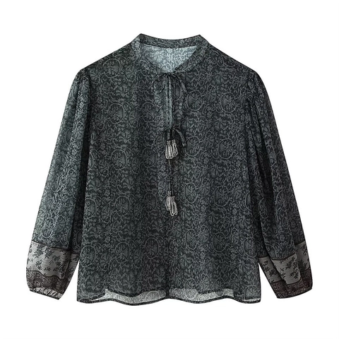 Damen Vintage Paisley Print Bluse Stehkragen Metallgarn Langarm Hemd Böhmisch Quaste Lose Casual Oberteil