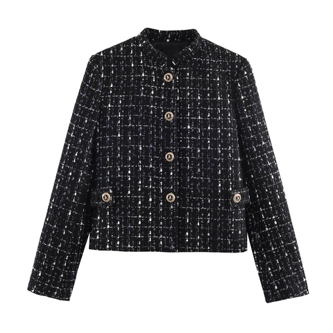 Vintage Damen Schwarz Tweed Jacke Elegant Metallknöpfe Texturierte Langarm Rundhals Blazer Oberbekleidung Office Lady