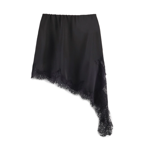 Women Asymmetrical Satin Skirt With Lace Trim Elegant High Waist Mini Skirt Solid Color Sexy Party Clubwear Bottoms