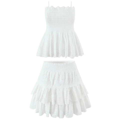 Dames Witte Broderie Anglaise Tweeledige Set Gesmokte Camisole Crop Top En Gelaagde Ruches Minirok Zomer Casual Outfit