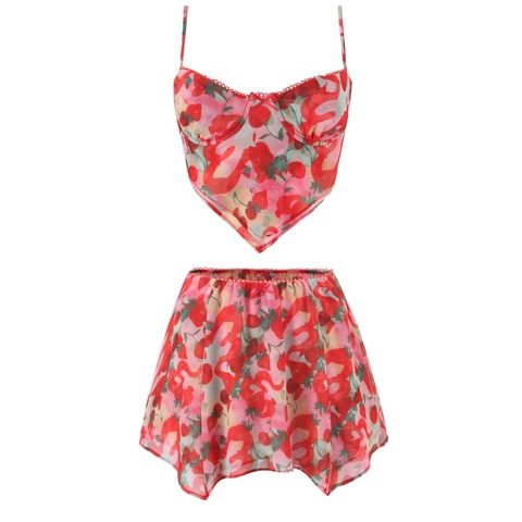 Ensemble Deux Pièces Femme Haut à Bretelles Corset en Maille Imprimé Fraise et Mini Jupe Irrégulière Été