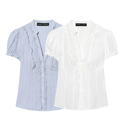 Camicetta da Donna con Scollo a V e Volant a Maniche Corte Casual Maniche a Sbuffo a Righe Tinta Unita Mercerizzata Top Estivo