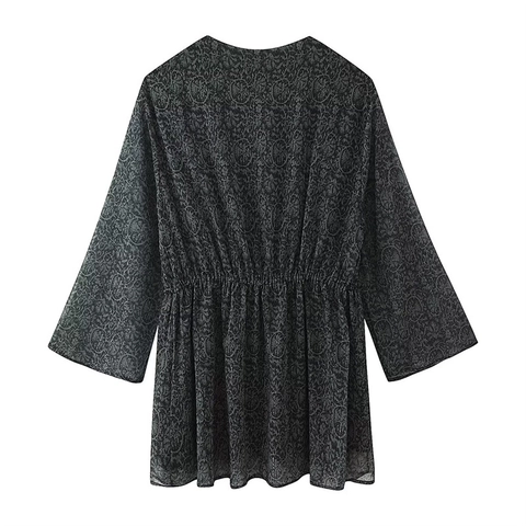 Mini Abito Retrò da Donna Stampa Paisley Scollo a V Filo Metallico Chiffon Manica Lunga Nappa Coulisse Tunic Top