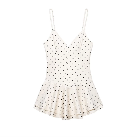 Abito Mini da Donna Sexy a Pois con Spalline Sottili Scollo a V Orlo a Volant Vestibilità Slim Mesh Senza Maniche Bodycon