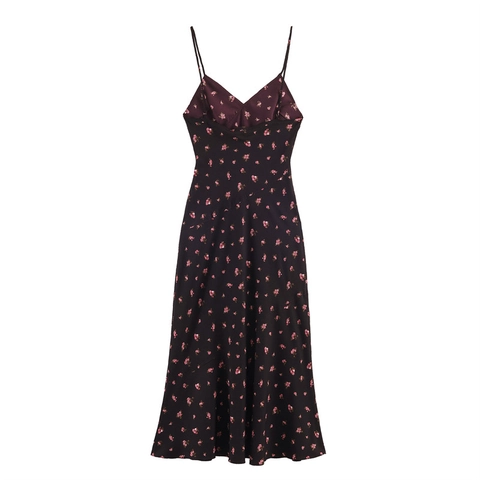 Abito Midi da Donna Sexy con Stampa Floreale Scollo a V Spalline Sottili Elegante Nero Rosa Motivo a Rose Estivo Spiaggia A-Line Slip Dress