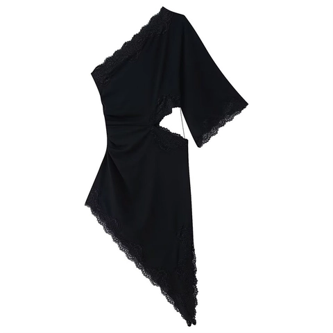Vestito Midi Sexy Nero Monospalla con Pizzo e Ritaglio Orlo Irregolare Bodycon per Festa e Discoteca