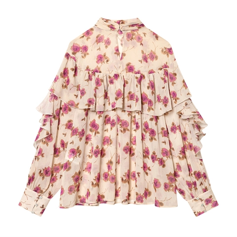 Dames Vintage Roos Bloemen Chiffon Blouse Elegant Mock Hals Ruffles Lange Mouw Casual Overhemd Pullover Top