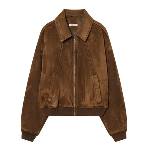 Chaqueta De Ante Sintético Vintage Para Mujer Cremallera Cuello De Solapa Holgada Casual Ropa Exterior Marrón Manga Larga Moda