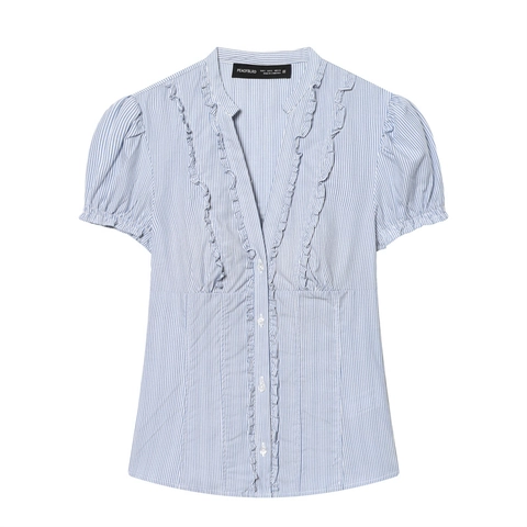 Camicetta da Donna con Scollo a V e Volant a Maniche Corte Casual Maniche a Sbuffo a Righe Tinta Unita Mercerizzata Top Estivo