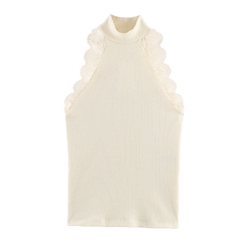 Top Elegante Sin Mangas Con Cuello Alto Para Mujer De Punto De Canalé Con Ribete De Encaje Corte Ajustado Informal Primavera Uso Diario