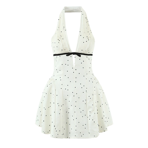 Abito da Donna a Pois Scollo all'Americana Retro Nero Bianco Profondo Scollo a V Schiena Scoperta Mini Abito a Trapezio Con Fiocco Moda Festa Estiva