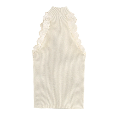 Top Elegante Sin Mangas Con Cuello Alto Para Mujer De Punto De Canalé Con Ribete De Encaje Corte Ajustado Informal Primavera Uso Diario
