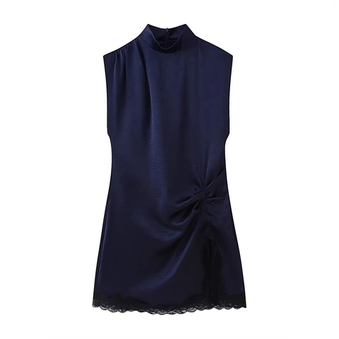 Vestito Midi Semplice Blu Notte in Raso Senza Maniche Con Collo Rialzato Patchwork Pizzo Nero Drappeggio Laterale Elegante Donna